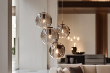 Modern glass pendant lights illuminate a living room