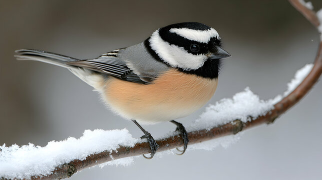 A close-up of a black-capped chickadee perched on a snow-covered branch, with clear feathers and a focused expression, captured in soft natural light