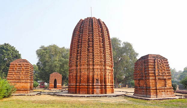 Front fa&ccedil;ade view of the terracotta Palpara Temple, an exquisite 17th-century structure in Chakdaha, Nadia, West Bengal, India.