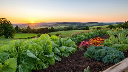 Organic produce gardening concept. A beautiful sunset illuminates a vibrant vegetable garden with flourishing plants.