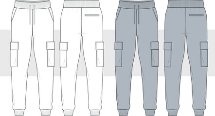 Cargo Pants fashion flat technical drawing template. Jogger Pants technical fashion Illustration, side pocket, elastic waistband, front and back view, CAD mockup set. © gulsenbozkurt