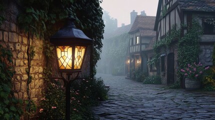 A lit lantern on a misty street.