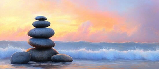 Serene sunrise beach scene featuring stacked smooth rocks in shades of grey at center, with soft pastel pink and blue ocean waves in background
