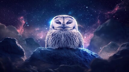 Owl hidden among glowing galaxy swirls, cosmic observer, 3D illustration