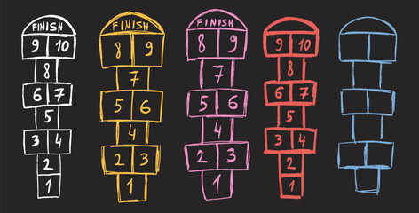 Naklejka premium Hopscotch games chalk drawn set isolated on dark background. Children playground outdoor entertainment. Vector colorful wax crayon handwritten illustration.