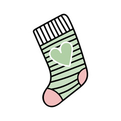 Cute striped sock doodle and flat illustration with heart symbol
