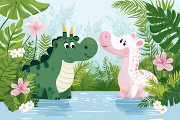 Fototapeta premium Two cute dinosaurs in lush jungle setting