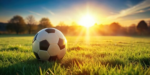 A traditional soccer ball sitting alone on a lush green grass field, with the sun shining down on it, casting a warm glow over the entire scene , natural light, field