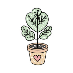 Potted plant doodle and flat illustration with heart symbol for eco themes