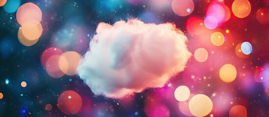 Fluffy white cotton candy spins centrally against a backdrop of colorful blurred lights in shades of blue, pink, and yellow, enhancing a festive atmosphere.