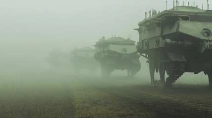 Fototapeta premium Ghostly War Machines Lined Up in Foggy Landscape