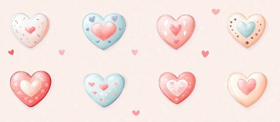 Pastel heart badges in soft pink, blue, and cream arranged in two rows on a light beige background ideal for Valentineâ€™s Day greeting card design