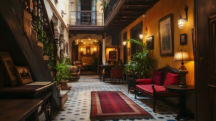 Fototapeta premium Charming indoor courtyard, cozy vintage decor with lush greenery, warm lighting creating a welcoming atmosphere.