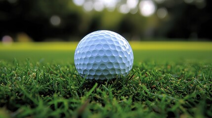 Obraz premium Golf ball resting on green grass in a sunlit park during afternoon hours