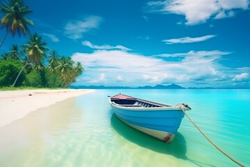 Fototapeta premium A serene boat is moored close to the shore, surrounded by the tranquil turquoise sea and a pristine sandy beach. This picturesque scene captures the essence of relaxation and coastal beauty.