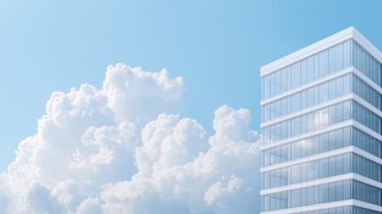 Modern glass office building under a bright blue sky with fluffy clouds. Ideal for corporate real estate