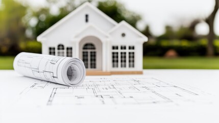 House model and blueprints on table, outdoors background. Home design, real estate