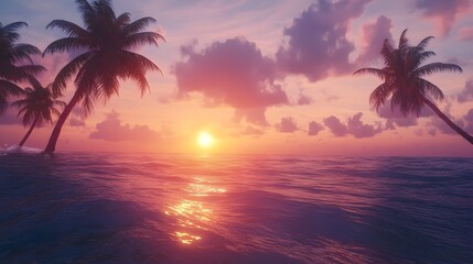 Sunset over calm ocean, vibrant hues of orange and purple reflecting on water, palm trees silhouetted, perfect for relaxation themes.