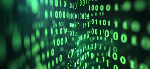 A background of green binary code, symbolizing the world's data and information. The background is dark It has an effect that suggests computer screen graphics or software interface elements