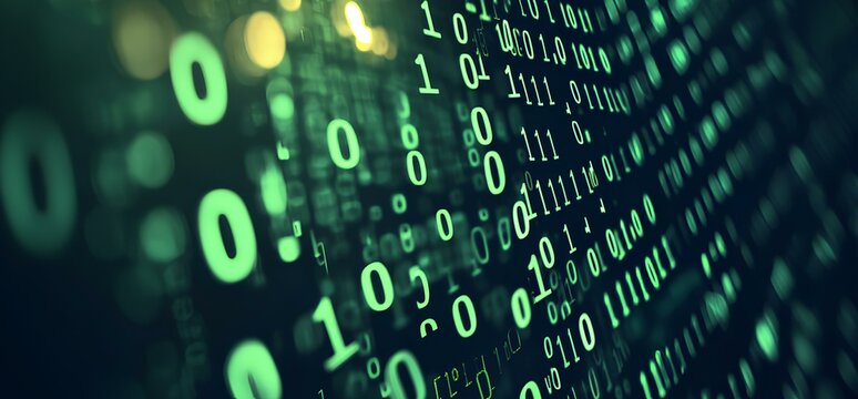 A background of green binary code, symbolizing the world's data and information. The background is dark It has an effect that suggests computer screen graphics or software interface elements