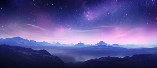 Majestic mountain landscape at dusk with purple and blue hues, starry sky and subtle shadowy peaks creating a serene atmosphere.