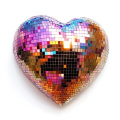 bright multicolored disco mirror heart isolated on white background, love theme clipart