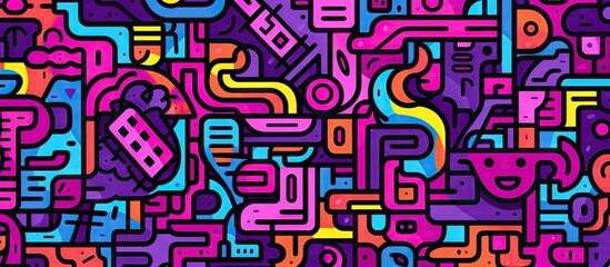 Colorful abstract geometric pattern in vibrant pink, purple, blue, and yellow with intersecting lines and shapes creating a dynamic design.