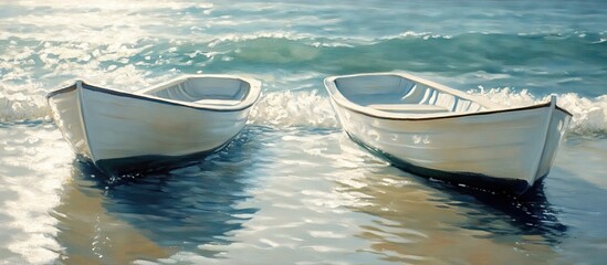 Fototapeta premium Two white boats gently bob on calm water, reflecting soft blue hues under a serene sky, creating a tranquil coastal scene.