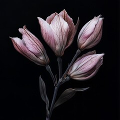 Pink lily buds on a black background. Close-up.
