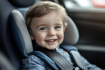Generative AI depiction of happy baby in car seat, showcasing safety and travel for young children