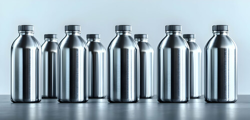 Stainless steel water bottles displayed against a clean, industrial background, ideal for eco-friendly product showcases.