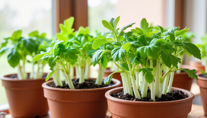 Fototapeta premium Vibrant arugula seedlings growing indoors on kitchen counter, healthy living