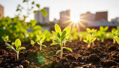 Chicory seedlings thriving in urban rooftop garden, nature's resilience