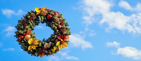 Obraz premium Vibrant holiday wreath adorned with orange yellow and brown foliage set against a bright blue sky with fluffy white clouds creating a cheerful ambiance