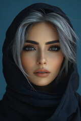 Fototapeta premium Portrait of a woman with striking features and long gray hair, wearing a black scarf against a blue background