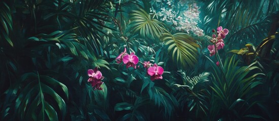Lush green jungle foliage with vibrant pink orchids in the foreground creates an enchanting and harmonious tropical atmosphere.