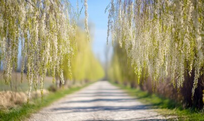 Obraz premium Defocused spring landscape. Beautiful nature with flowering willow branches and rural road against blue sky and bright sunlight, soft focus. Ultra wide format.