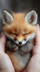 Obraz premium Cute red fox cub resting peacefully in human hands during a cozy moment