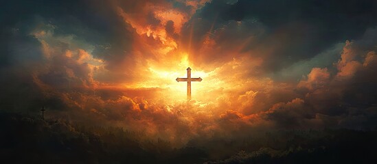 Inspirational Catholic quote with a large central cross amidst a radiant sunrise and dramatic clouds in warm oranges and deep blues for upliftment
