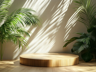 Wooden podium with palm leaves and shadows