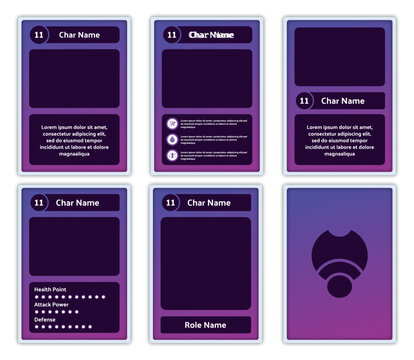 complete set of card game templates with gamer theme and pink and purple gradation colors for game materials and printed card games