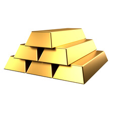 Set of glossy gold bars , piles of gold lingots isolated on transparent background PNG