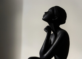 Serene Contemplation: A black statuette of a woman, captured in profile, sits in peaceful contemplation, her gaze directed upwards.