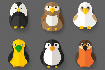 Fototapeta premium Colorful flat bird illustrations on gray background