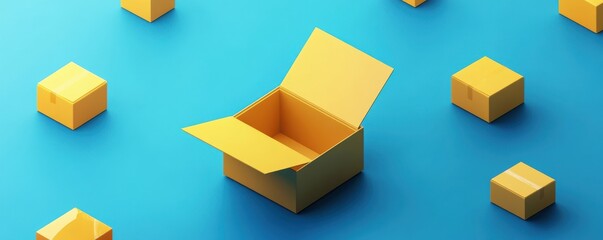 Open yellow box on blue background with multiple closed boxes surrounding
