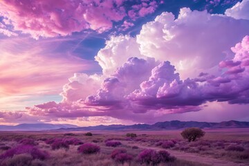 Obraz premium A Serene Sunset Landscape with Vibrant Purple Clouds and a Solitary Tree in a Field of Purple Bushes