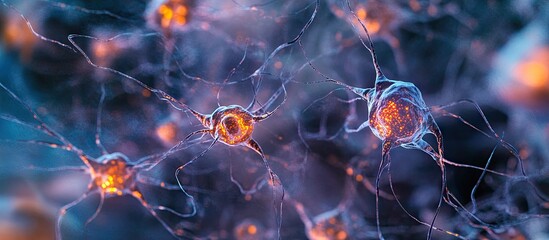 Close-up view of colorful neurons with vibrant blue and orange hues showcasing complex neural connections representing epilepsy and neurodevelopmental disorders.