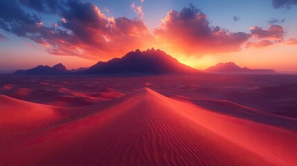 Fototapeta premium A serene desert landscape at dusk, featuring a prominent sand dune in the foreground with gently rippled textures.