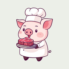 A cartoon pig chef holds a plate of meat vector illustration 