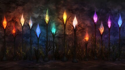 Fototapeta premium Luminous Fantasy Plants Glowing in Dark Cave